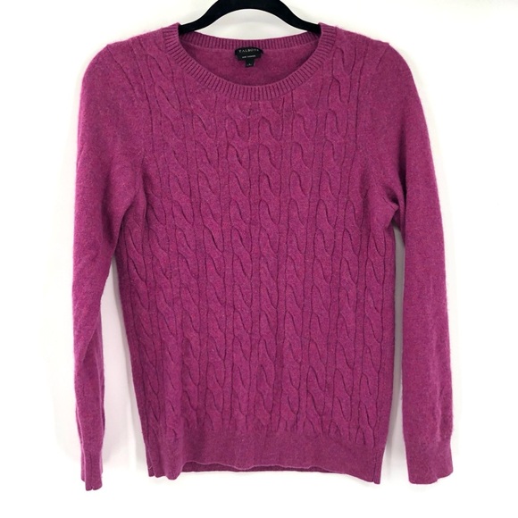 TALBOTS Cable Knit Cashmere Sweater Crew Neck Pullover L Berry Fuchsia Spring - Picture 1 of 7
